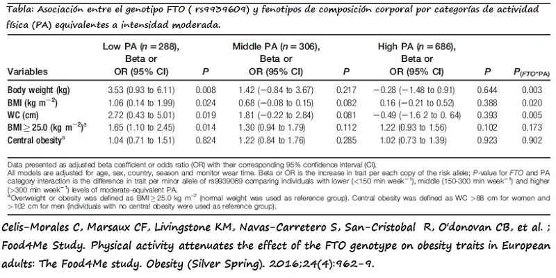 Tabla con el efecto del nivel de actividad física sobre el impacto de FTO (rs9939609) sobre el peso, BMI, circunferencia de la cintura y obesidad abdominal